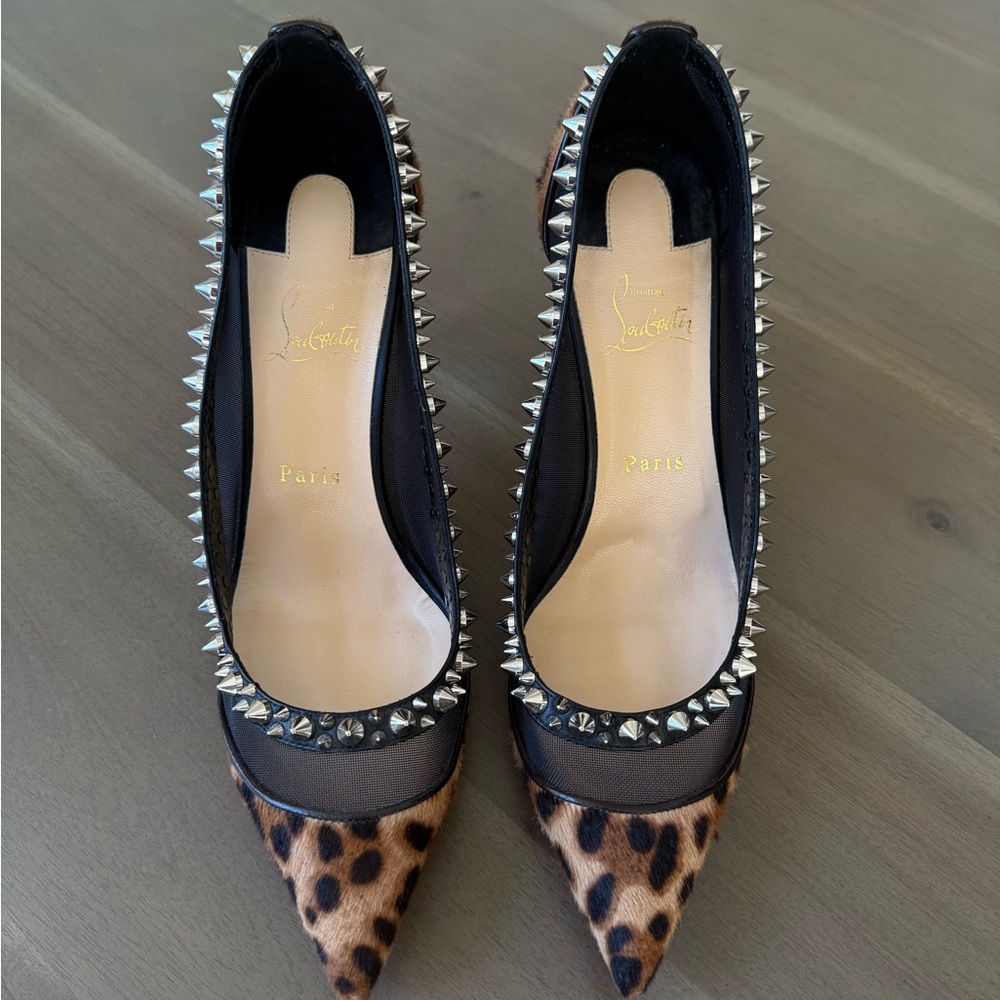 Christian Louboutin Galativi Meshed Leopard Print Spiked Heels